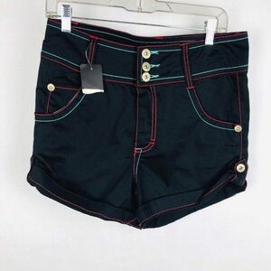 Mizkeen Shorts Juniors Size 11 Black High Waist Black Cuffed Colorful Stitch